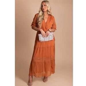 Bella Ella Boutique Burnt Orange Tiered Maxi Dress Wrap V-Neck Size Small